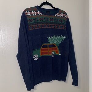14th & Union Navy Sweater with Festive Car Design